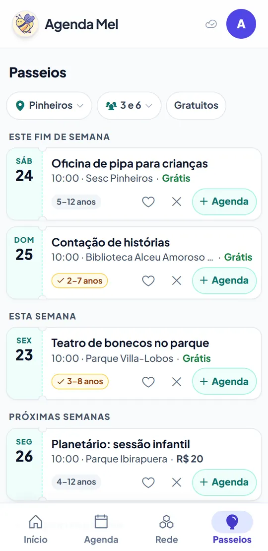 Tela Passeios: programas em Pinheiros para crianças de 3 e 6 anos, como oficina de pipa e contação de histórias, quase todos grátis.